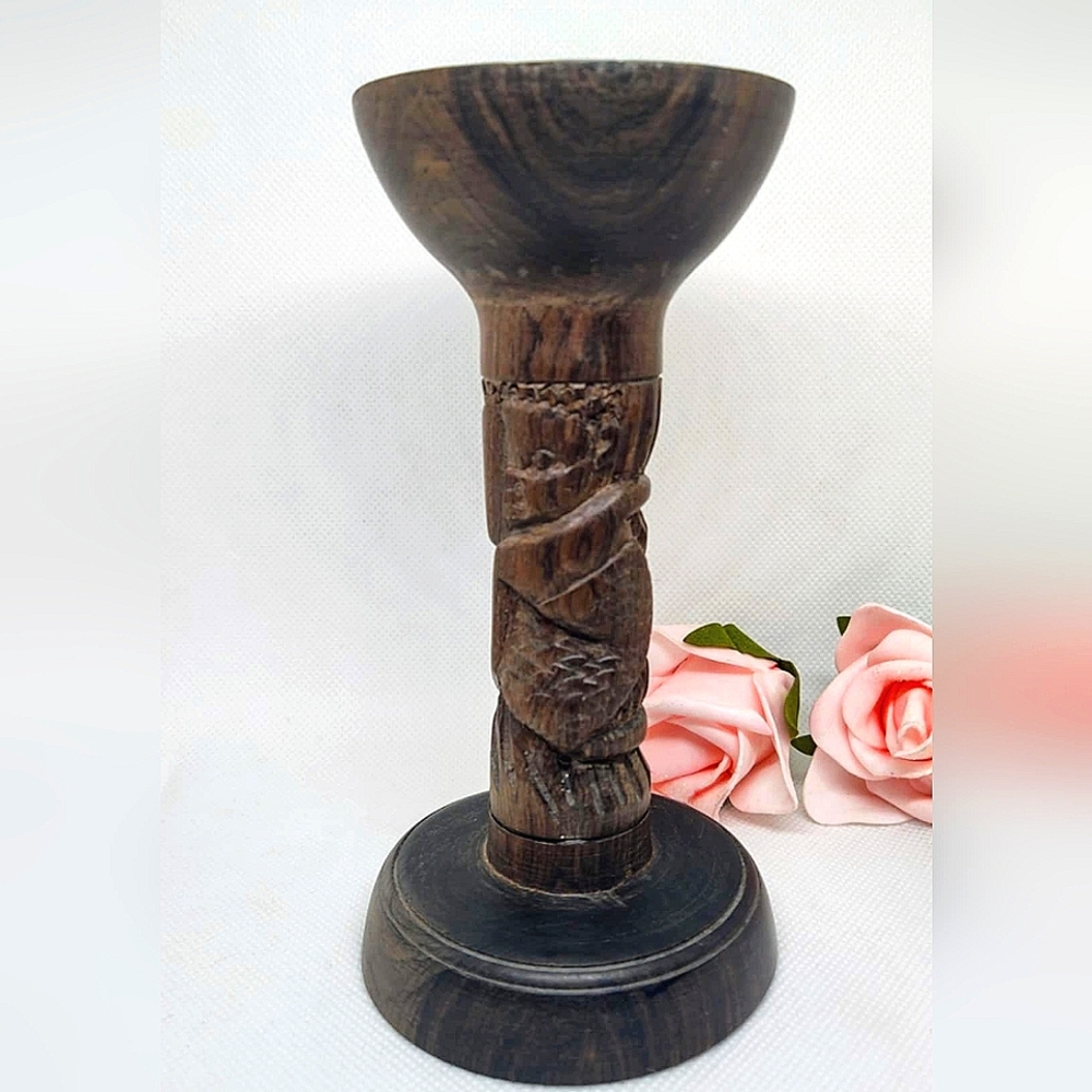 Vintage African Hand Carved Wood Candle Holder Candlestick 6" Tall